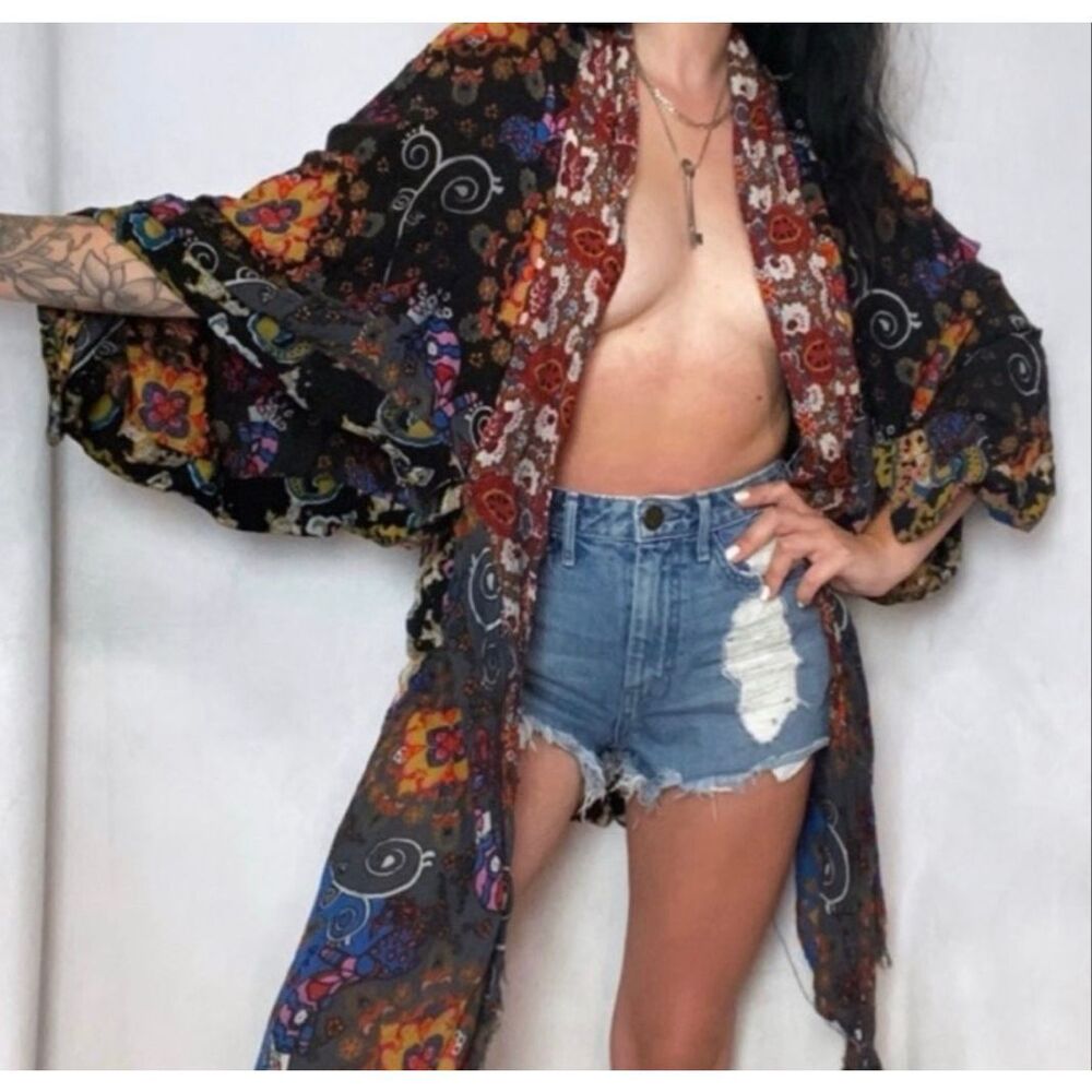 Free People Psychedelic Print Raw Hem Kimono Cardigan